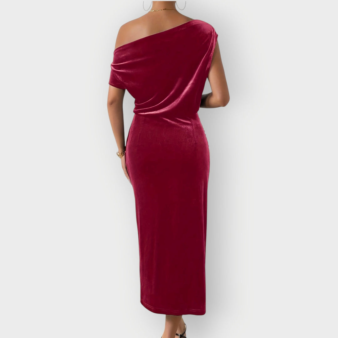Grecia – Robe Midi en Velours Drapé à Épaule Dégagée