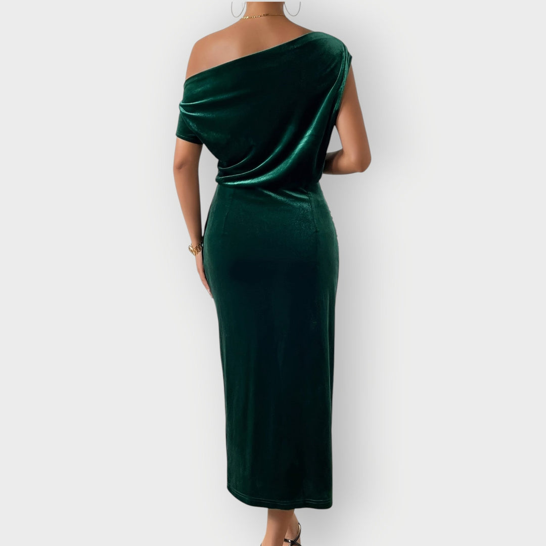 Grecia – Robe Midi en Velours Drapé à Épaule Dégagée