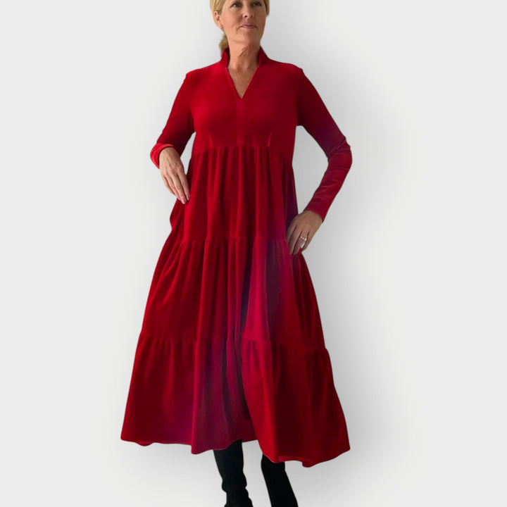 Manerea - Robe en Velours Rouge à Volants