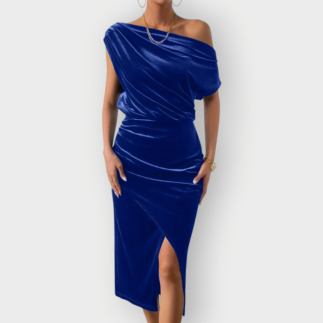 Grecia – Robe Midi en Velours Drapé à Épaule Dégagée