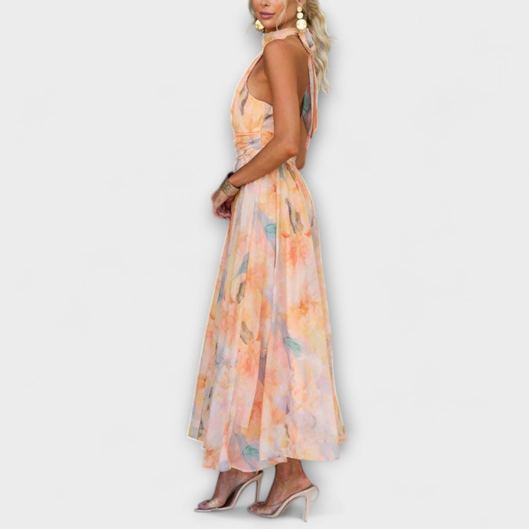 Robe Maxi Imprimé Aquarelle à Dos Nu