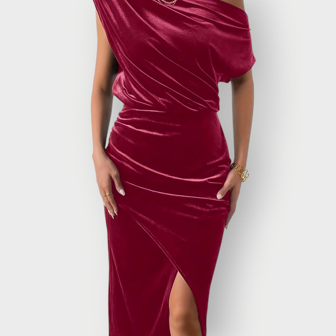 Grecia – Robe Midi en Velours Drapé à Épaule Dégagée