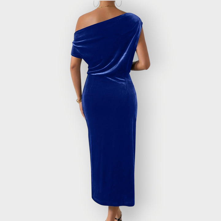 Grecia – Robe Midi en Velours Drapé à Épaule Dégagée