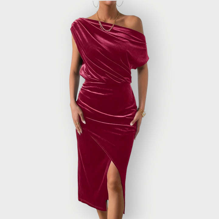 Grecia – Robe Midi en Velours Drapé à Épaule Dégagée