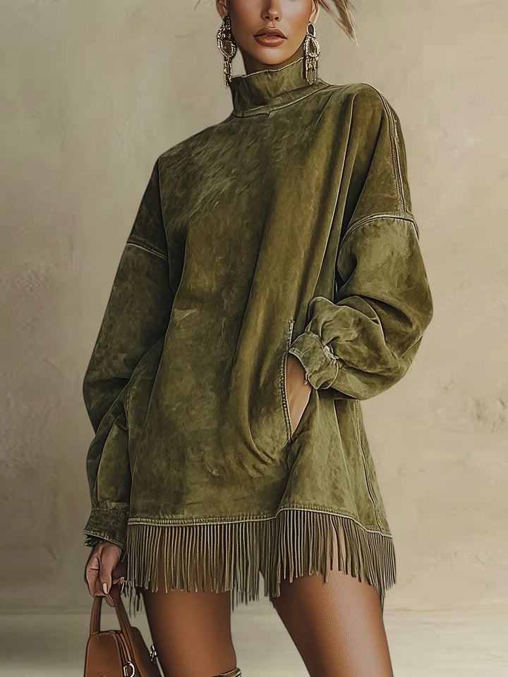 Darcie | Robe Turtleneck en Suède à Franges