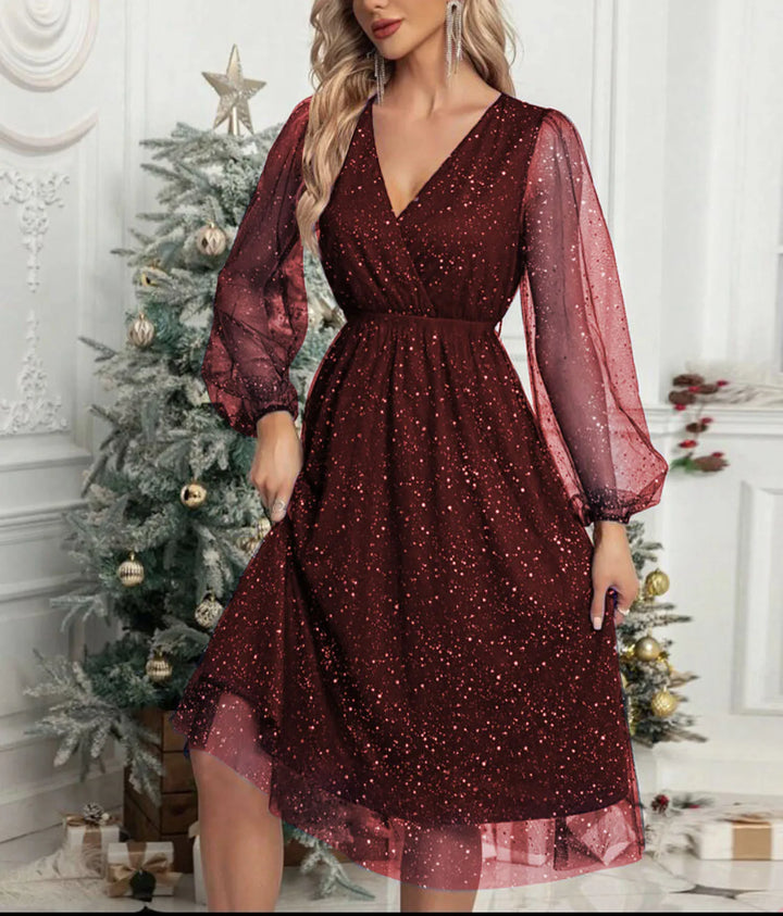Mae Harper™ | Robe de soirée à manches en maille scintillante et décolleté en V