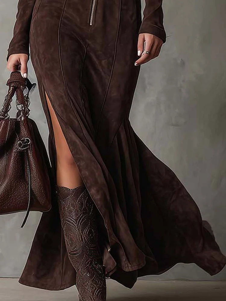 Marsella - Robe longue marron avec ceinture